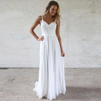Klasik Basit Sevgiliye Boyun A-Line Spagetti Kayışı Kolsuz düğün elbisesi Kadın Sweep Tren Plaj Custom Made