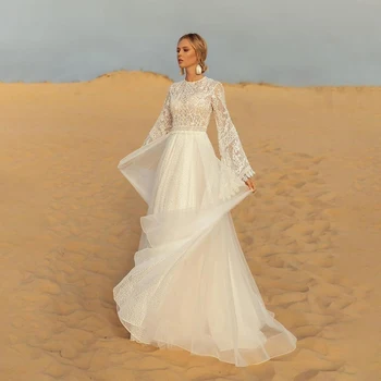 Yüksek Boyun Dantel Zarif Tül A-line düğün elbisesi Kristaller Çan Kollu Gelin Elbise vestidos de boda ınvitada