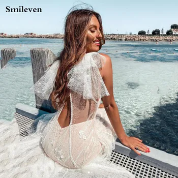 Smileven Mermaid Dantel düğün elbisesi V Boyun Boncuk Tül Alt Sweep Tren Gömme Şık gelinlikler