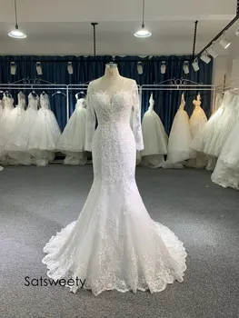 Gerçek Fotoğraflar Uzun Kollu düğün elbisesi 2022 Boncuklu Mermaid gelin elbiseleri Özelleştirilmiş gelin kıyafeti Vestido de Noivas