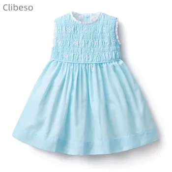Clibeso Bebek Kız Önlük Elbise Çocuk El Yapımı Önlüklü Nakış Mavi pamuklu elbiseler Kız İspanyol Butik Frocks Giysileri