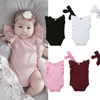 Yenidoğan Bebek Kız Ruffles Pamuk Romper Tulum Kafa Bandı 2 Adet Giyim Seti Yürüyor Çocuk yazlık tulum Kıyafet Sunsuit Giyim