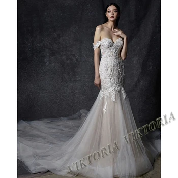 VIKTORIA Çekici düğün elbisesi Mermaid Kapalı Omuz Backless Kadınlar İçin Mariages Gelin Aplikler Vestido De Novia Custom Made