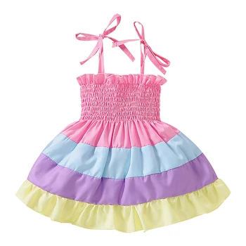 Bebek Elbise, Çocuklar Kontrast Renk Kolsuz Strappy fırfırlı elbiseler gündelik giyim Yaz, 3-24 Ay