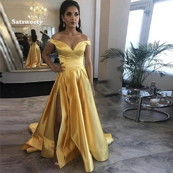 Seksi balo kıyafetleri Yan Bölünmüş Kapalı Omuz Sarı Saten Uzun Akşam Partisi Törenlerinde Bir Çizgi Kadın Resmi Elbise Robe De Soiree