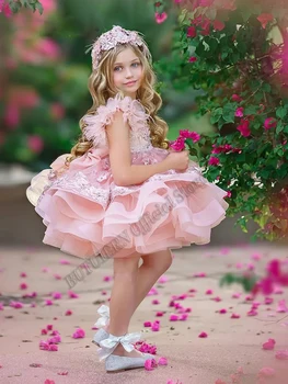 Pembe Kabarık Çiçek Kız Elbise Katmanlı Tül Bebek Kız Prenses Doğum Günü Düğün Parti Elbiseler İlk Communoin Elbise Özelleştirilmiş
