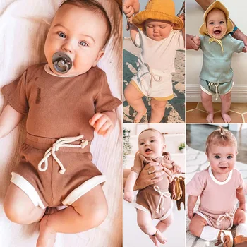 Yaz Kıyafeti Yenidoğan O-Boyun Kısa Kollu Gömlek Dantel-up Şort Toddler Kız Giyim Takım Elbise Pijama Rahat Erkek Kız Kıyafetler
