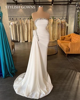 2022 Lüks Yeni Beyaz Straplez düğün elbisesi Boncuklu Kristal gelin kıyafeti Mermaid Örgün Törenlerinde Pleats Robe De Soirée De Mariage