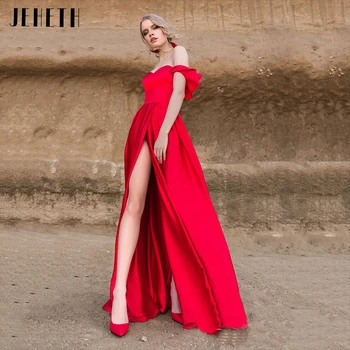 JEHETH Kırmızı Seksi Yüksek Bölünmüş Saten Balo Kokteyl Elbise Kadınlar Kapalı Omuz Backless Sevgiliye Akşam Parti Kıyafeti Kat Uzunluk