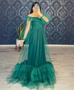 Vintage Uzun Kollu Tül Abiye A-Line Katmanlı Elbiseler de soirée Fermuar Geri Örgün Parti Elbise Kadınlar için
