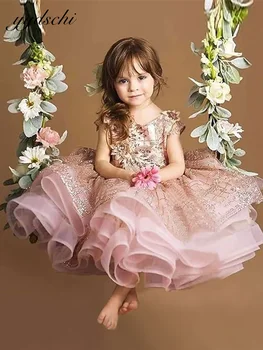 Pembe Çiçek Kız Elbise Düğün İçin Prenses Diz Boyu Akşam Parti Elbiseler Tül Ruffles Aplikler Kısa Kollu 2022