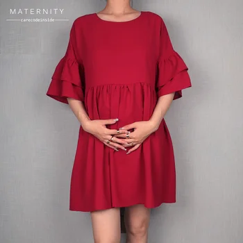 CARECODE yaz elbisesi Hamile Kadınlar İçin Rahat Dokuma Tekne Boyun Fırfır Kollu Mini Gevşek Katı Artı Boyutu Plise hamile kıyafetleri