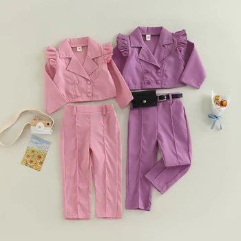 1-6Y Moda Çocuk Kız Bahar Giysileri Set Düz Renk Uzun Kollu Yaka Düğmeli Takım Elbise Ceket + Pantolon bel çantası 3 adet Kıyafetler