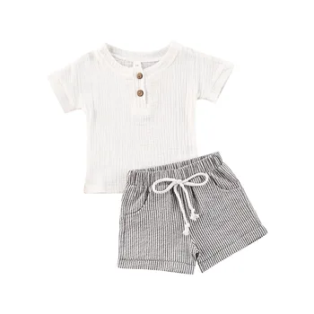 0-3Y Yaz Rahat Bebek Bebek Erkek Kız Elbise Setleri Beyaz Düğme Kısa Kollu T Shirt Tops + Çizgili Pantolon