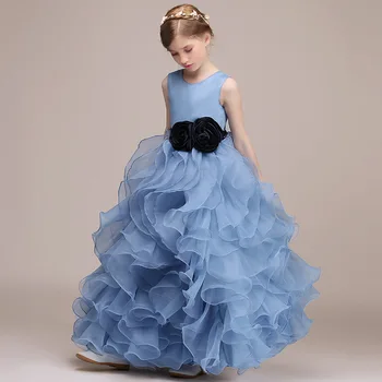 GY Sıcak Satış Lüks Resmi doğum günü partisi elbisesi Sevimli Kız Mavi Fırfır Organze Communion Prenses Elbise Çiçek Kız düğün elbisesi