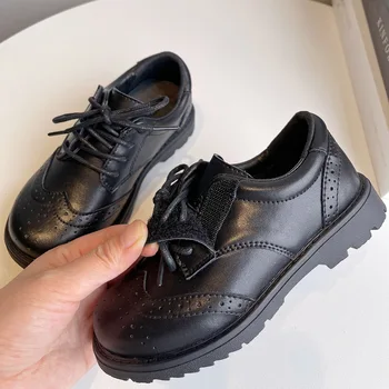 Boyutu 26-36 Çocuk Okul Siyah deri ayakkabı Kız Erkek Performans Düşük Üst Dantel Up Düz Alt Su Geçirmez Çocuklar rahat ayakkabılar