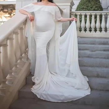 Beyaz hamile elbiseleri Hamile Kadınlar İçin Seksi Bir Kelime Yaka Pelerin Paspas uzun elbise Gebelik Photoshoot Elbise