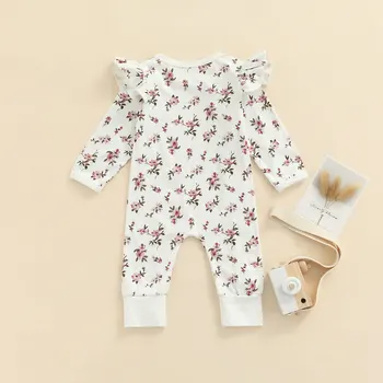 Bebek Bebek Kız Romper, Uzun Kollu Yuvarlak Boyun Çiçek Baskı Örgü Güz Toddlers Tulum Bahar Sonbahar 2021 Yeni Moda