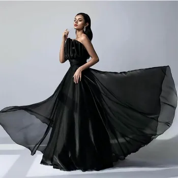 Retro Uzun Siyah Şifon Pileli Abiye A-Line Taraklı Kat Uzunluk Lace Up Geri Robe De Mariée Parti Kıyafeti Kadınlar İçin