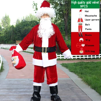 8 adet/grup Noel Noel Baba Kostüm Sakal Erkekler Cosplay Kadife Elbise süslü elbise Noel Partisi Takım Elbise Yetişkinler için
