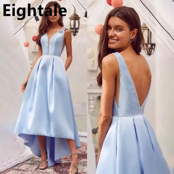 Eightale Açık Mavi Saten Seksi Çift V Boyun Akşam Elbise Düğün Parti için Hi-Düşük Basit balo elbisesi vestidos de noche