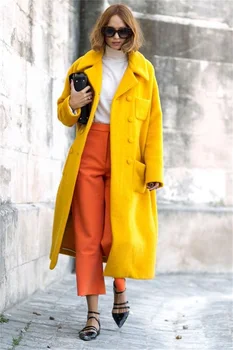 Yün Uzun Palto Kadın Takım Elbise Kış Kalın Trençkot Custom Made Moda Ceket Sarı Kruvaze Balo Elbise Blazer
