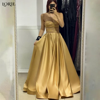 LORIE Glitter Altın Sarı Balo Elbise Kapalı Omuz A-Line Sevgiliye Sparkly Akşam Elbise Katı Arabistan Dubai Gelin Parti Törenlerinde