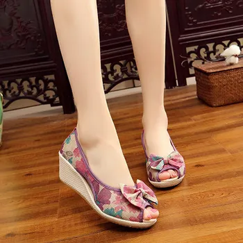 YRZP Bayanlar El Yapımı Peep Toe Yaz Orta Topuk Ayakkabı Kadın Keten İlmek Çiçek Keten Kama espadrilles Sandalet