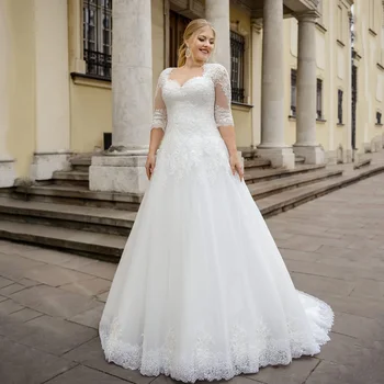 Lakshmigown Artı Boyutu Bir Çizgi düğün elbisesi Yarım Kollu Custom Made Dantel Aplikler Lace Up gelinlik Büyük Boy Kadınlar İçin