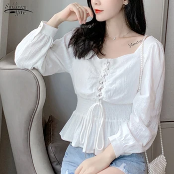 2023 Sonbahar Moda Kore dantel-up Gömlek Kısa Kollu şifon bluz Kare Yaka Beyaz Kısa Boy Bluzlar Kadın Gömlek 10584
