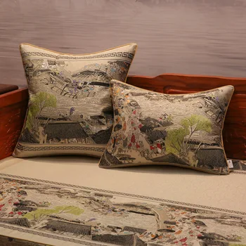 Çin resim sanatı vintage yastık kılıfı arka minder örtüsü retro nehir kenarı sahne yastık kılıfı