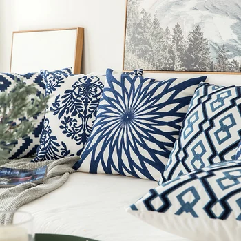 Ev Dekor işlemeli yastık kılıfı Lacivert / Beyaz Geometrik Çiçek Tuval Pamuk Kare Nakış yastık Örtüsü 45x45cm