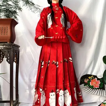 Hanfu kadın ceketi Etek Standı Yaka Pilili Etek Sonbahar ve Kış Takım Elbise