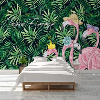 Özel Duvar Kağıdı Tropikal Yağmur Ormanları Bitki Muz Yaprağı Flamingo Pastoral Arka Plan duvar tablosu