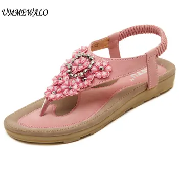 UMMEWALO Sandalet Kadın T-kayışı Flip Flop Tanga Düz Sandalet Bayanlar Çiçek Taklidi Gladyatör Sandalet Ayakkabı Yaz Zapatos Mujer