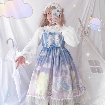 Kawaii Baskı Lolita Japon Jsk Kawaii Sevimli Askı Elbise Yaz Tatlı Dantel Elbise Harujuku Vintage Prenses Elbise