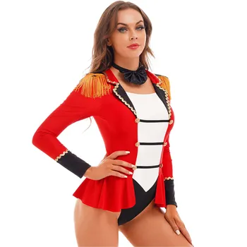 Bayan Sirk Ringmaster Üniforma Kostüm Şovmen Uzun Kollu Tulum Etekli Bodysuit papyon Cadılar Bayramı Partisi Cosplay için