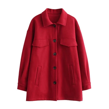 XIKOM 2021 Sonbahar Kırmızı Yün Ceket Kadınlar İçin Cepler Uzun Kollu Büyük Boy Ceket Vintage Casual Gevşek Gömlek Ceketler Kadınlar İçin