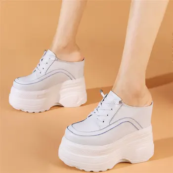Takozlar Terlik Kadın Hakiki Deri Süper Yüksek Topuklu Gladyatör Sandalet Kadın Yuvarlak Ayak Platformu Moda Ayakkabı rahat ayakkabılar