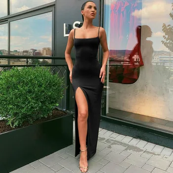 Sonbahar Kadın Spagetti kemerli elbise Sonbahar Seksi Bölünmüş Katı İnce Bayan Ayak Bileği Uzunluğu Vintage Giyim Elbise 2023 Yeni