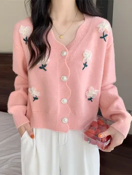 Örme Hırka Tatlı Işlemeli Çiçek Japonya Tarzı Kadın Gevşek Kazak Kawaii V Boyun Pembe Sonbahar Kış Knitwears