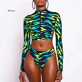 Afrika Fermuar Mayo Uzun Kollu Kadın Mayo 2022 Seksi Backless Mayo Yüksek Bel bikini seti Brezilyalı Beachwear