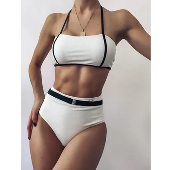 2021 Seksi Yüksek Bel Bikini Mayo Kadınlar Patchwork Mayo Kadın İki Adet bikini seti Yıkanabilir Mayo Plaj Kıyafeti Yüzmek