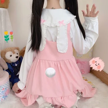 Japonya Sonbahar Kawaii Lolita İki parçalı Takım Elbise Cosplay Loli Yay Tavşan Kulaklar Gömlek Tatlı Kız Kolsuz Ruffles Askı Elbise Sevimli