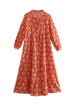 TRAF Kadınlar 2022 Moda Bağlı Baskılı Midi Elbise Vintage Üç Çeyrek Kollu Ön Düğmeler Kadın Elbiseler Vestidos