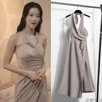 Kpop Seo Yıl Jı Kore Drama Zarif Parti Off-tek omuzlu elbise kadın Yaz Boyundan Bağlamalı Elbiseler Seksi Düzensiz Plaj Mini Elbise