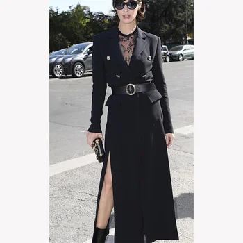 Kadın Uzun Ceket Siyah 2022 Yüksek Kalite Sonbahar Kış Pist Çentikli Kruvaze Elbise Bölünmüş Kadın Zarif Siper Dış Giyim
