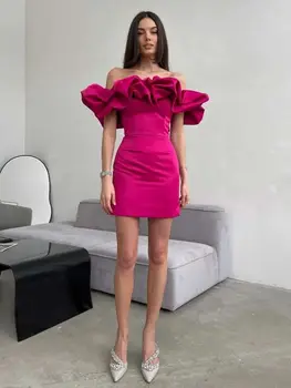 Winered Renk kadınlar için açık omuzlu Seksi Bodycon Mini Elbise Ruffles Straplez Sevimli Kız Doğum Günü Partisi Kutlamak Elbise