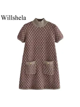 Willshela Kadın Moda Katı Ekose Örme Mini Elbise Cepler Ile Vintage O-Boyun Kısa Kollu Kadın Şık kadın elbiseleri