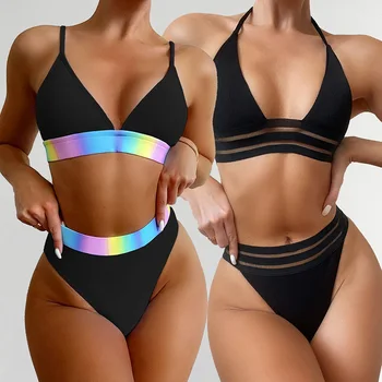 Seksi Üçgen Push Up Bikini Mayo Brezilyalı bikini seti Glitter Spagetti Mayo Ekleme Plaj Kıyafeti Biquini Bather